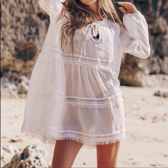 Private Label Other - Boho Cottagecore White Long Sleeve Sheer Cover Up Tunic